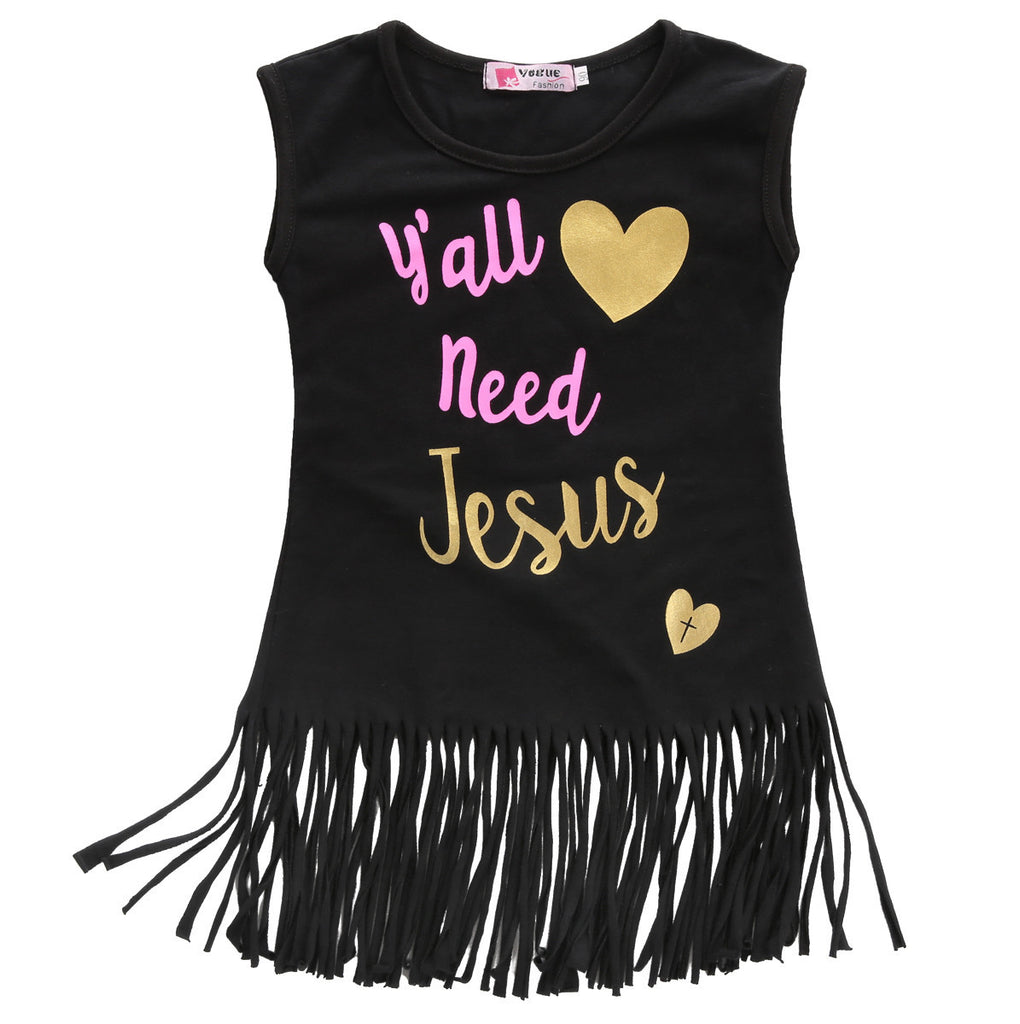 0-5Y Kids Baby Girls Tassels Holiday Party Dress Vest Letter Printed Sundress Holiday Beach Dress - flax stores.shopify