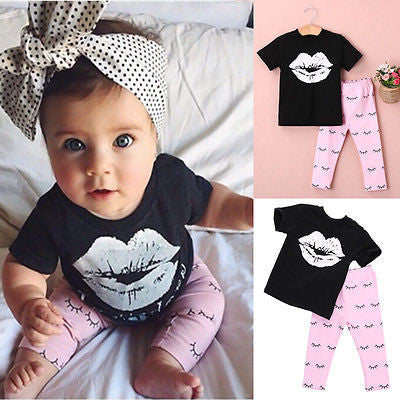 2016 Kids Baby Girls summer clothes set 2pcs suit Lips Tops and eyelash Pink Pant  children's clothing sets - flax stores.shopify