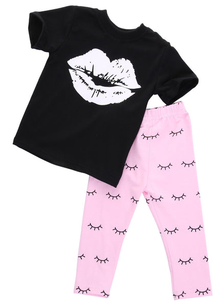 2016 Kids Baby Girls summer clothes set 2pcs suit Lips Tops and eyelash Pink Pant  children's clothing sets - flax stores.shopify