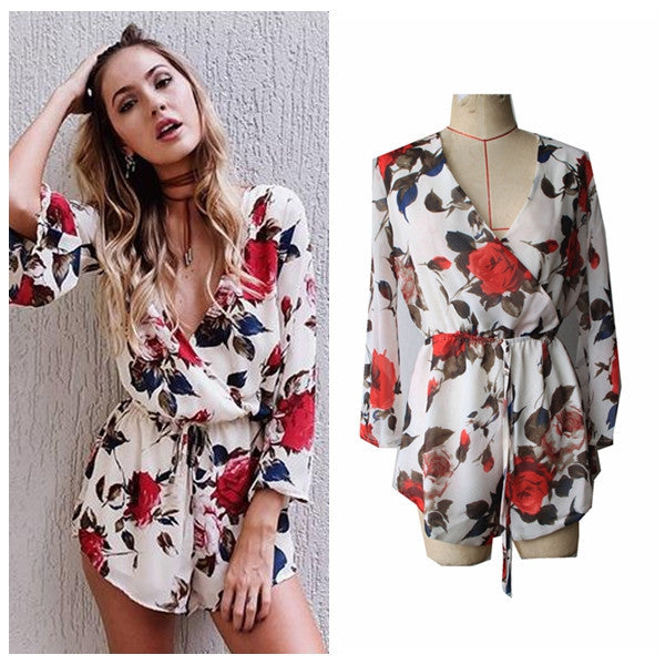 2016 Floral Jumpsuit Women Print Sexy Deep V neck Elastic Waist Loose Rompers Womens Jumpsuit Playsuit Overalls mono S6608 - flax stores.shopify