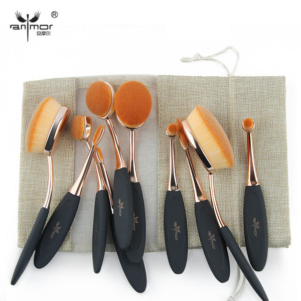 Anmor 10 pcs Oval Makeup Brush Set Hot Sale Makeup Brushes Professional Foundation Powder Brush Kit with Bag - flax stores.shopify