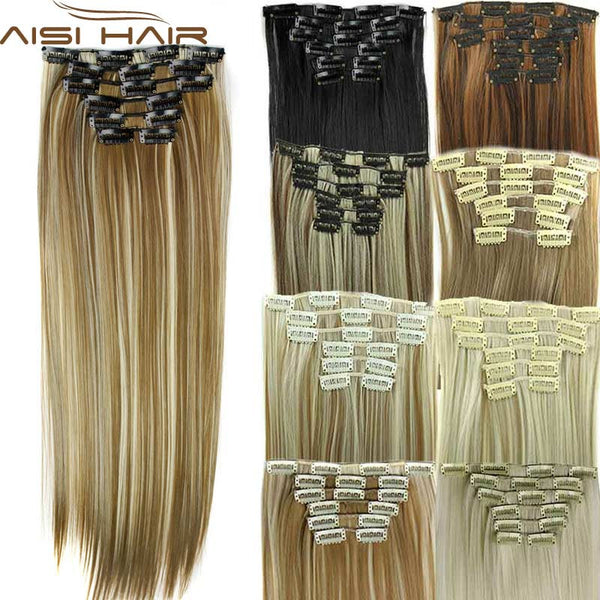 Synthetic Hair with Clips 16 Clip in Hair Extensions False Hair Hairpieces Synthetic 23" Long Straight Apply Hairpiece - flax stores.shopify