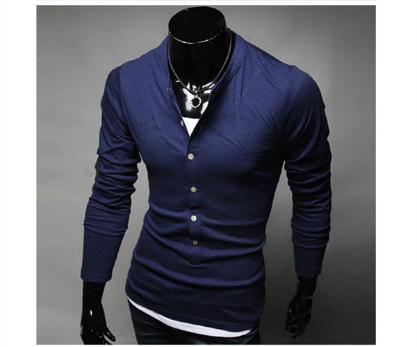 2015 Hot Sale Men's Fashion T-Shirt Single-Breasted Cotton T-Shirt Free Shipping Long Sleeve Slim T-Shirt 4 Color - flax stores.shopify