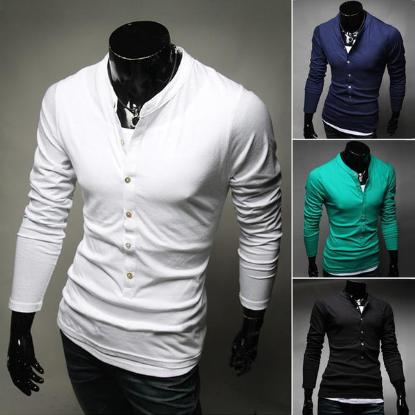 2015 Hot Sale Men's Fashion T-Shirt Single-Breasted Cotton T-Shirt Free Shipping Long Sleeve Slim T-Shirt 4 Color - flax stores.shopify