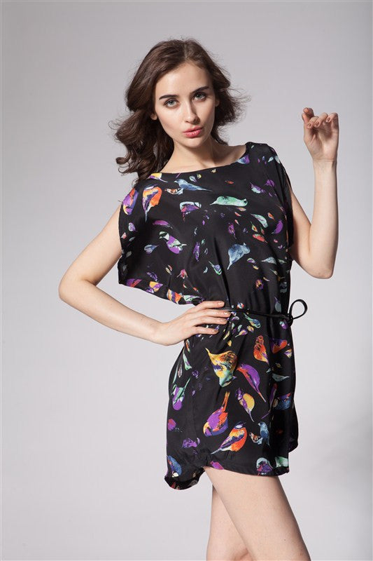 Bird Print Chiffon O-Neck Dress - flax stores.shopify