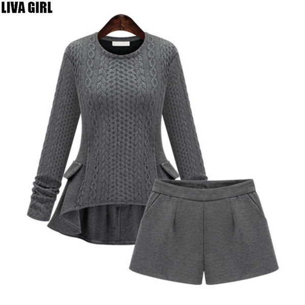 Women Sweater And Shorts Sets 2016 Autumn Tops+Shorts Europe Style Slim Long Sleeve Knitted Suit Twinset Women cashmere suit - flax stores.shopify