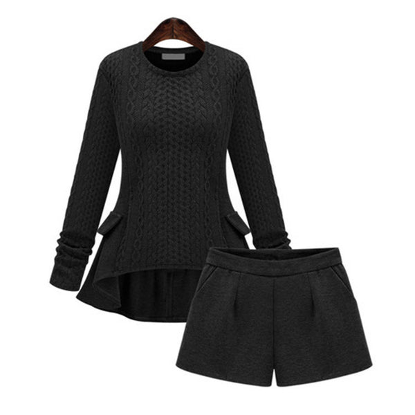 Women Sweater And Shorts Sets 2016 Autumn Tops+Shorts Europe Style Slim Long Sleeve Knitted Suit Twinset Women cashmere suit - flax stores.shopify