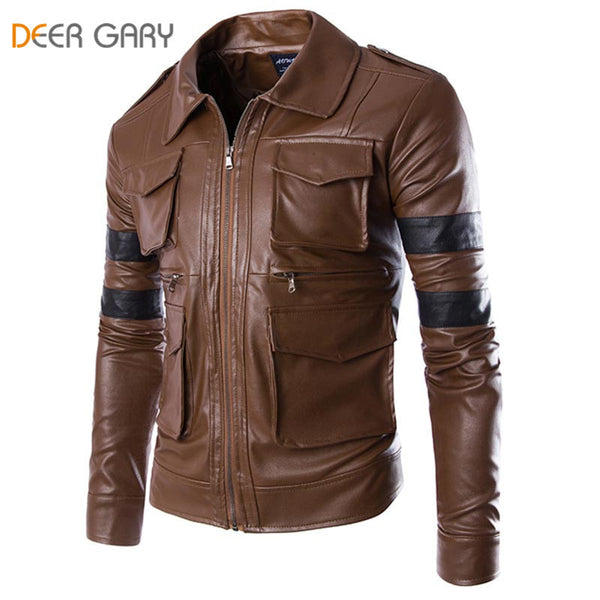 2016 New Men Brand Fashion England Style Leather Jacket Men Coat Multi-pocket Design Men Zipper Motorcycle Jacket Solid Coat - flax stores.shopify