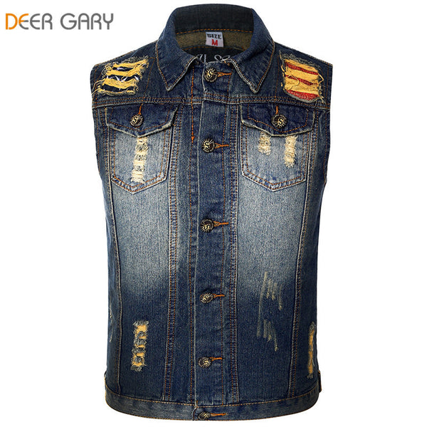 2016 new men's denim Vest brand jeans men cowboy spliced casual ripped personalized cardigan Men sleeveless Jacket - flax stores.shopify