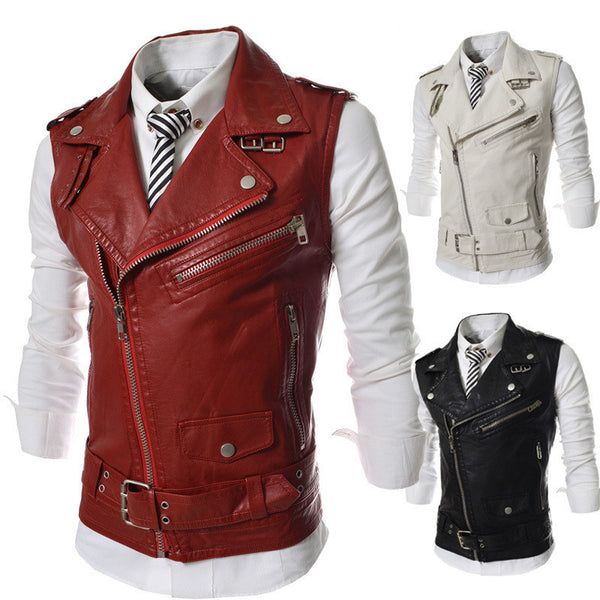 New Men's Fashion Leather Vest Jackets Man Sleeveless Motorcycle Tank Tops Spring Autumn zipper decoration Outerwear Coats - flax stores.shopify