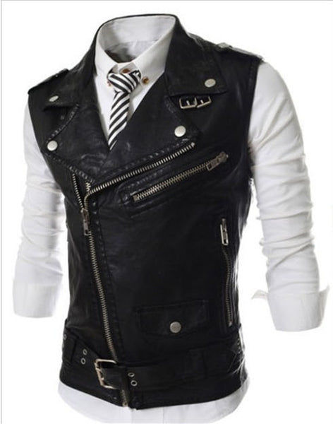 New Men's Fashion Leather Vest Jackets Man Sleeveless Motorcycle Tank Tops Spring Autumn zipper decoration Outerwear Coats - flax stores.shopify